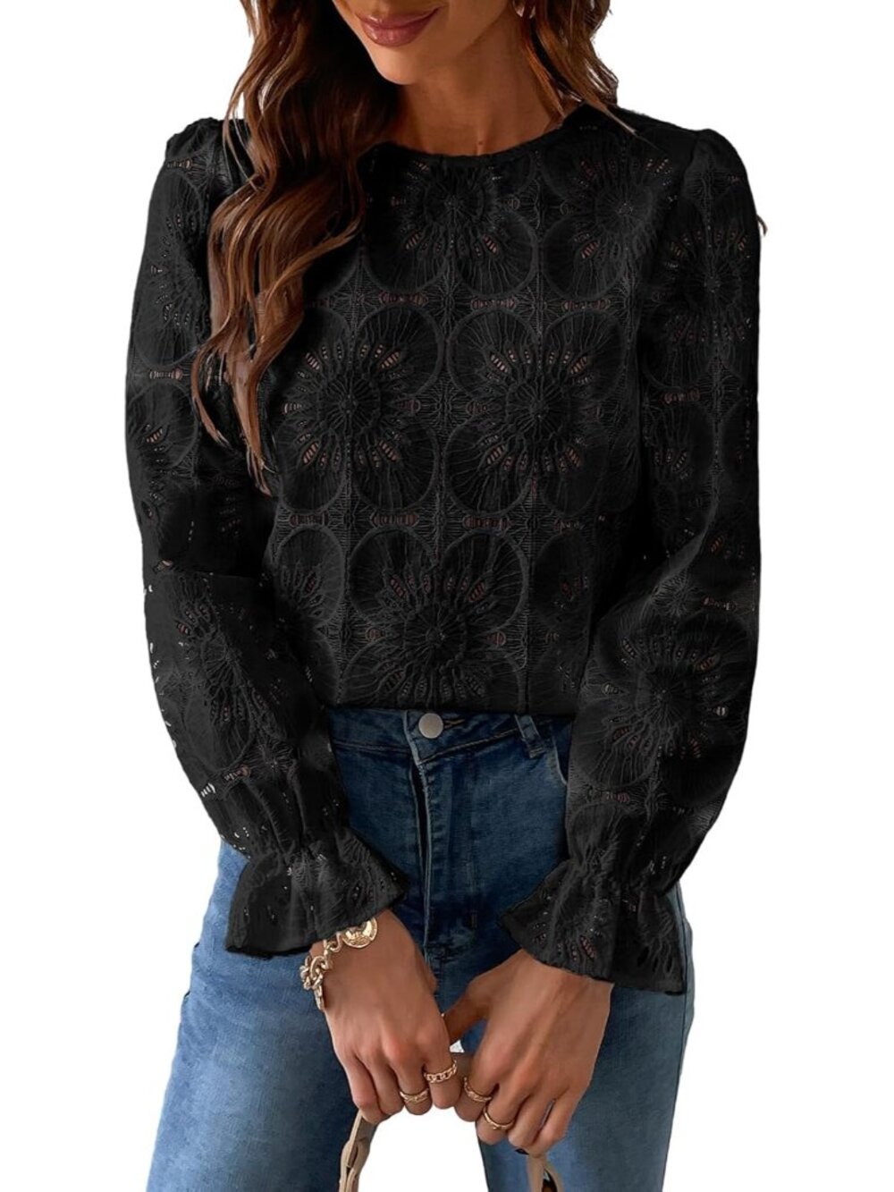 Women's Lace Eyelet Puff Sleeve Blouse